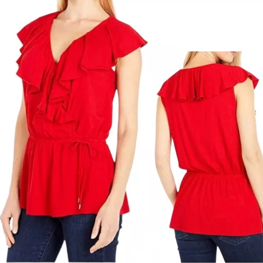 LAUREN Ralph Lauren Black Label Womens Wrap Top Red Ruffled Trim V Neck Size S/P